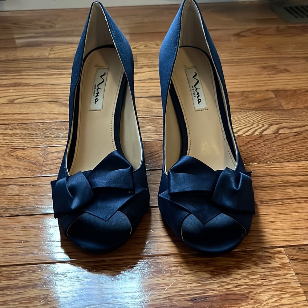 Navy Satin Open Toe Pumps